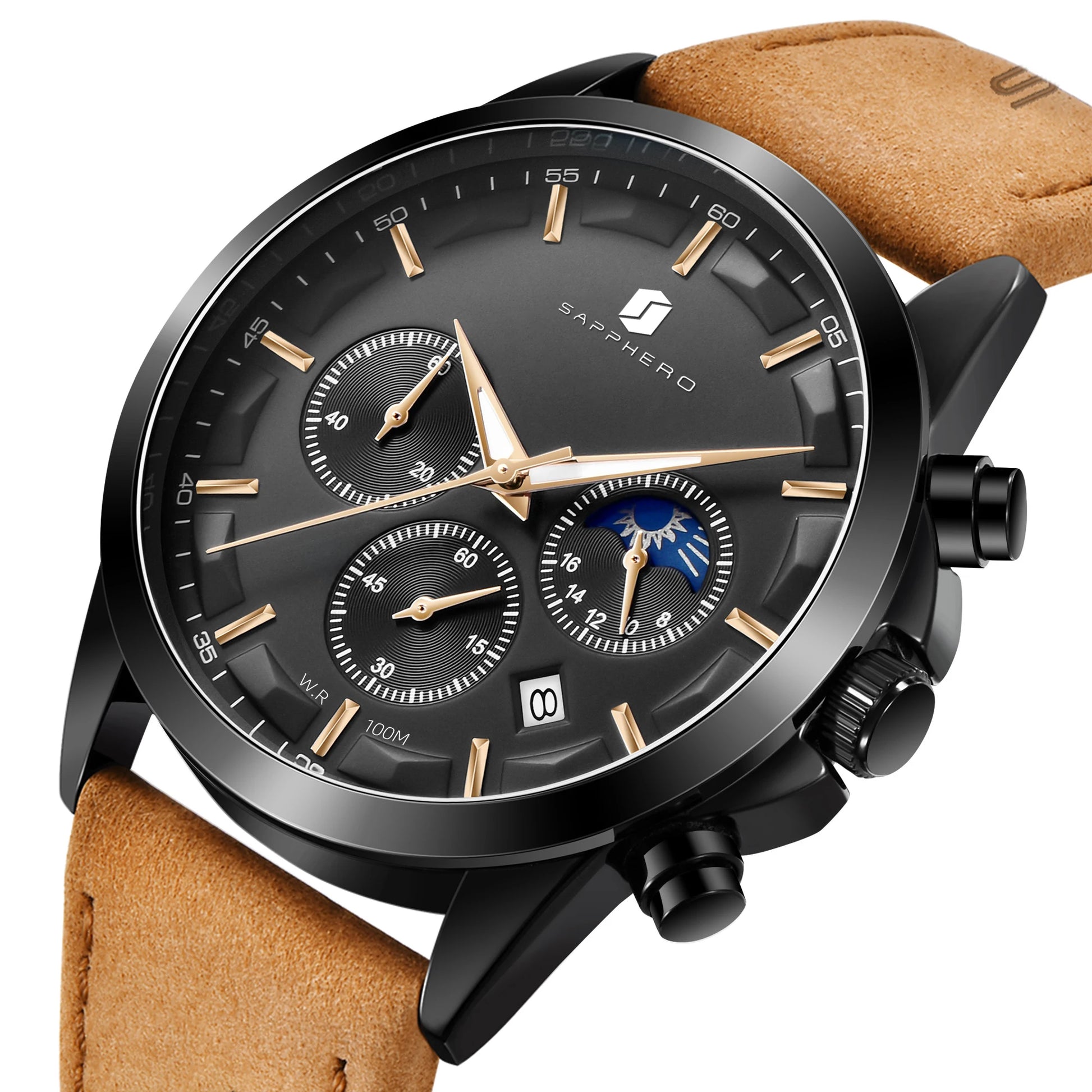 SAPPHERO Stainless steel Mens Watch Luxury Business Quartz Clock 100M Waterproof Casual Date Wristwatch for Men