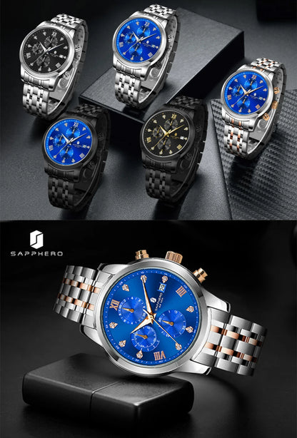 SAPPHERO Luxury Men's Watch Stainless Steel Watch Calendar Waterproof Clock 5ATM Men's Watch High-end Gift Box Clock