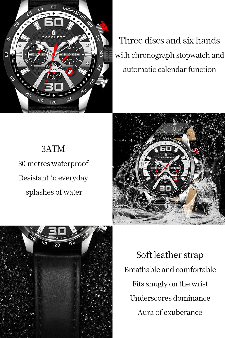 SAPPHERO Sports Men's Watch Rose Gold Watch Leather Strap Date Luminous Waterproof Chronograph Quartz Watch Men's Accessories