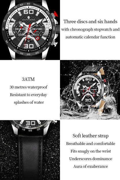 SAPPHERO Sports Men's Watch Rose Gold Watch Leather Strap Date Luminous Waterproof Chronograph Quartz Watch Men's Accessories