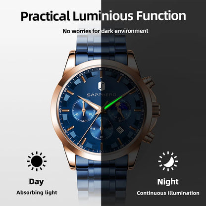 SAPPHERO Men's Business Watches Stainless Steel Strap Date Display & Chronograph Function Waterproof Men's Watch Rose Gold Watch