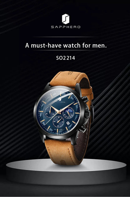 SAPPHERO Men's Business Watches Leather Strap Sports Casual Quartz Men's Watch Classic Waterproof Timepiece 5ATM Wrist Watch