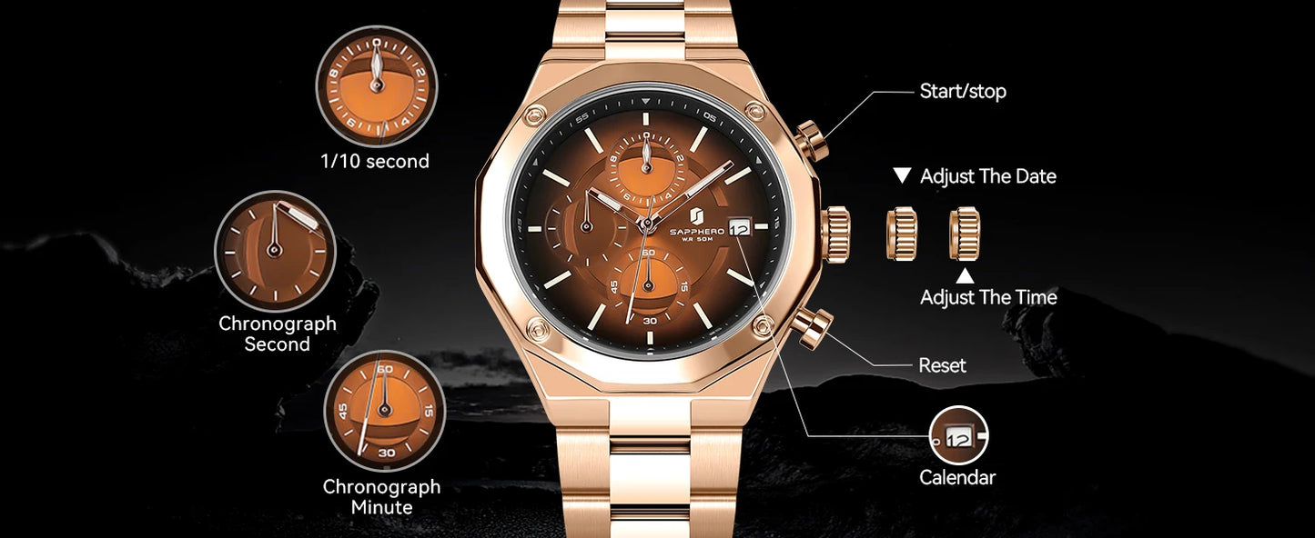 SAPPHERO Rose Gold Men Watch Fashion Luxury Clock Stainless Steel Watch 50m Water Resistance Watch For Men New Year Gifts