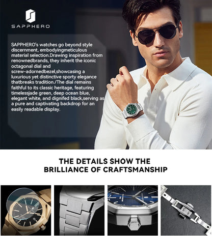SAPPHERO Men's Business Stainless Steel Watch For Men Seiko Movement Classic Design Charming Men's Gift Waterproof Wrist Watch