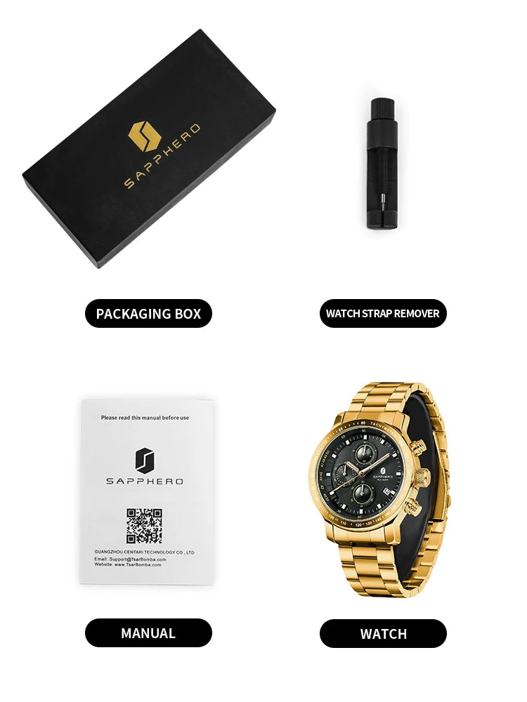 SAPPHERO SAPPHERO Men's Watches Luxury Brands Stainless Steel Gold Watches Quartz Waterproof Timepieces Elegant Dating Watches