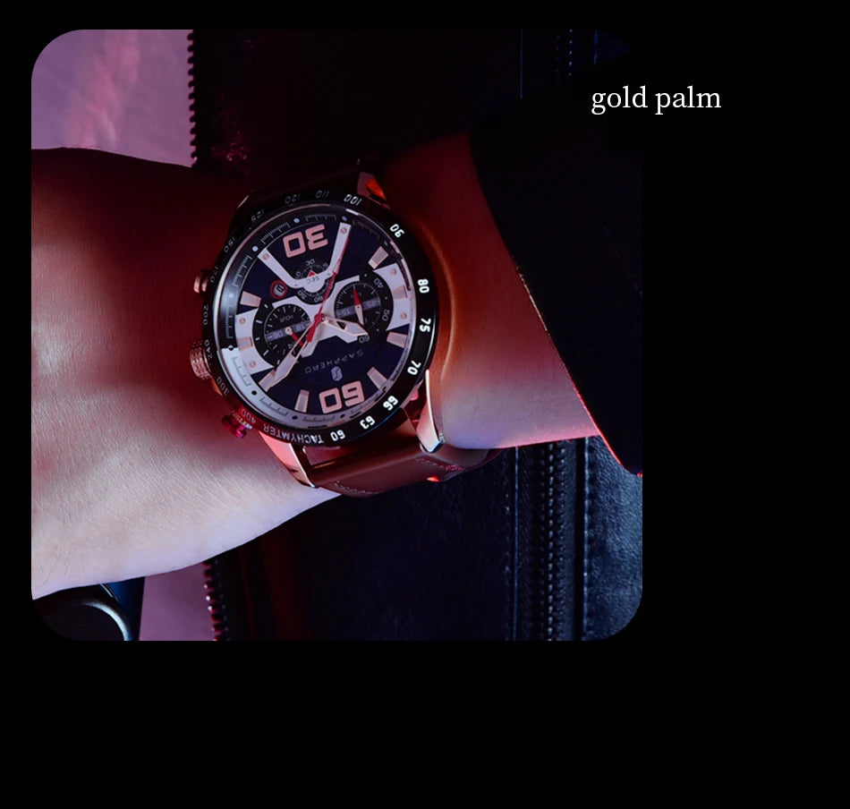 SAPPHERO Sports Men's Watch Rose Gold Watch Leather Strap Date Luminous Waterproof Chronograph Quartz Watch Men's Accessories