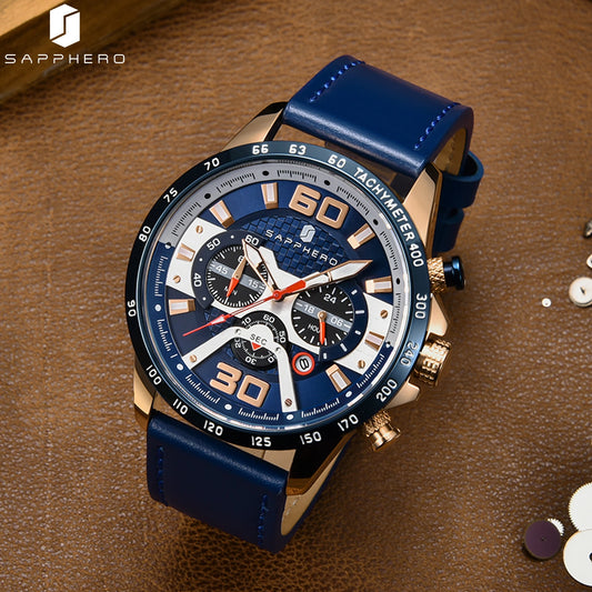 SAPPHERO Sports Men's Watch Rose Gold Watch Leather Strap Date Luminous Waterproof Chronograph Quartz Watch Men's Accessories