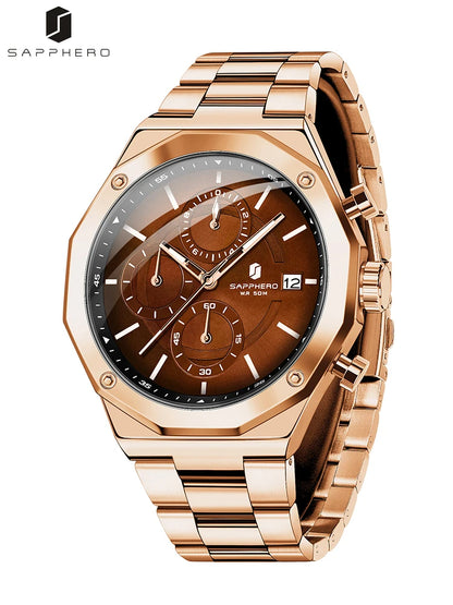 SAPPHERO Rose Gold Men Watch Fashion Luxury Clock Stainless Steel Watch 50m Water Resistance Watch For Men New Year Gifts
