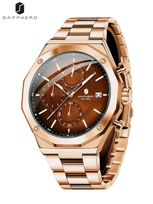 SAPPHERO Rose Gold Men Watch Fashion Luxury Clock Stainless Steel Watch 50m Water Resistance Watch For Men New Year Gifts