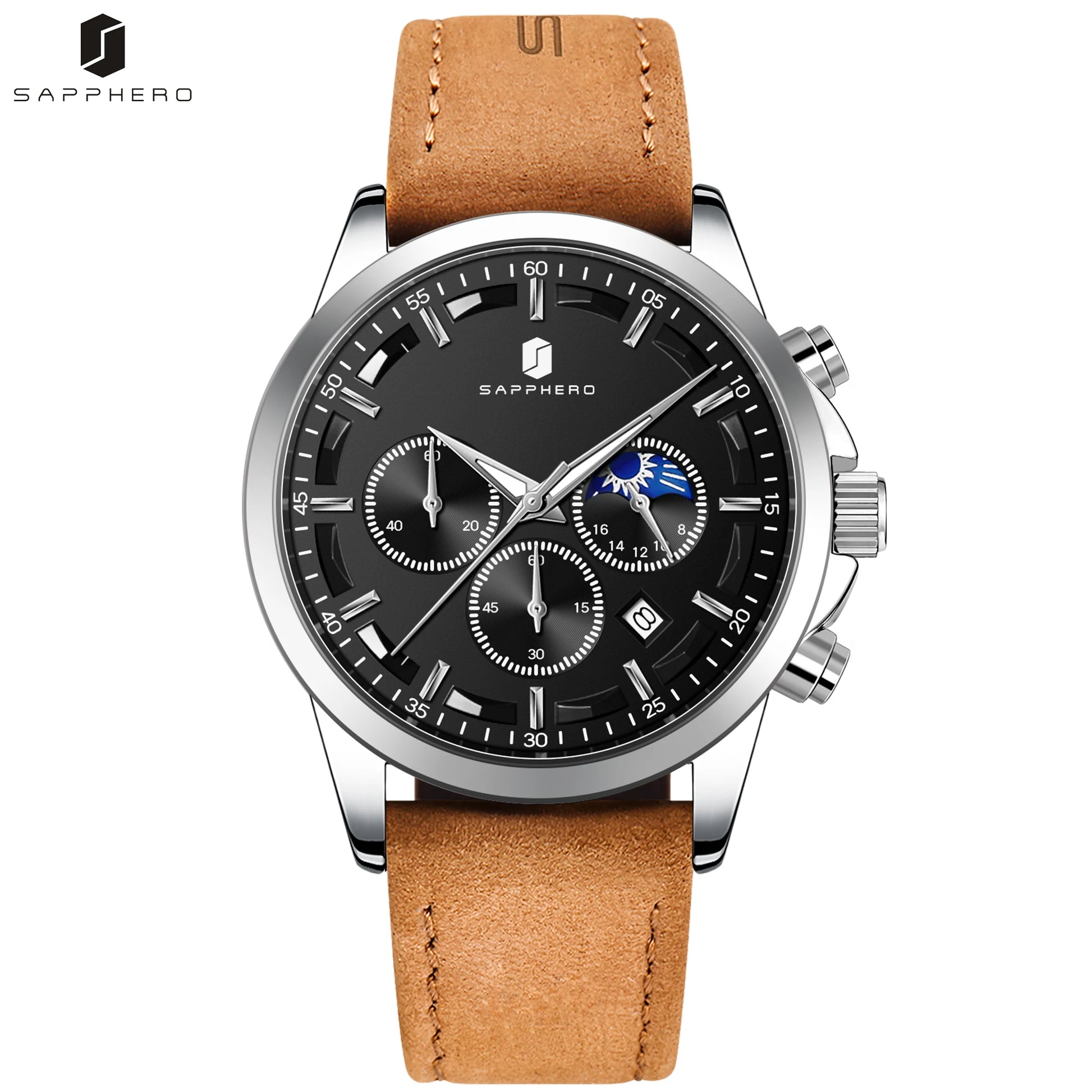 SAPPHERO Men's Business Watches Leather Strap Sports Casual Quartz Men's Watch Classic Waterproof Timepiece 5ATM Wrist Watch