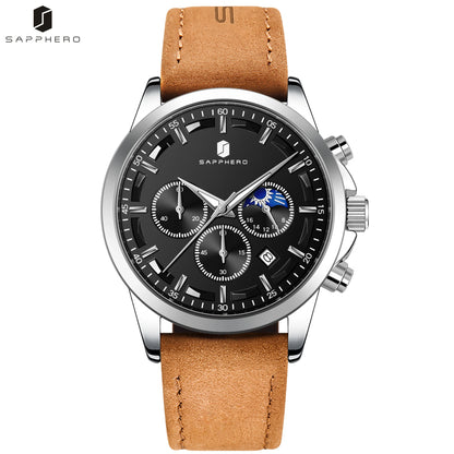 SAPPHERO Men's Business Watches Leather Strap Sports Casual Quartz Men's Watch Classic Waterproof Timepiece 5ATM Wrist Watch