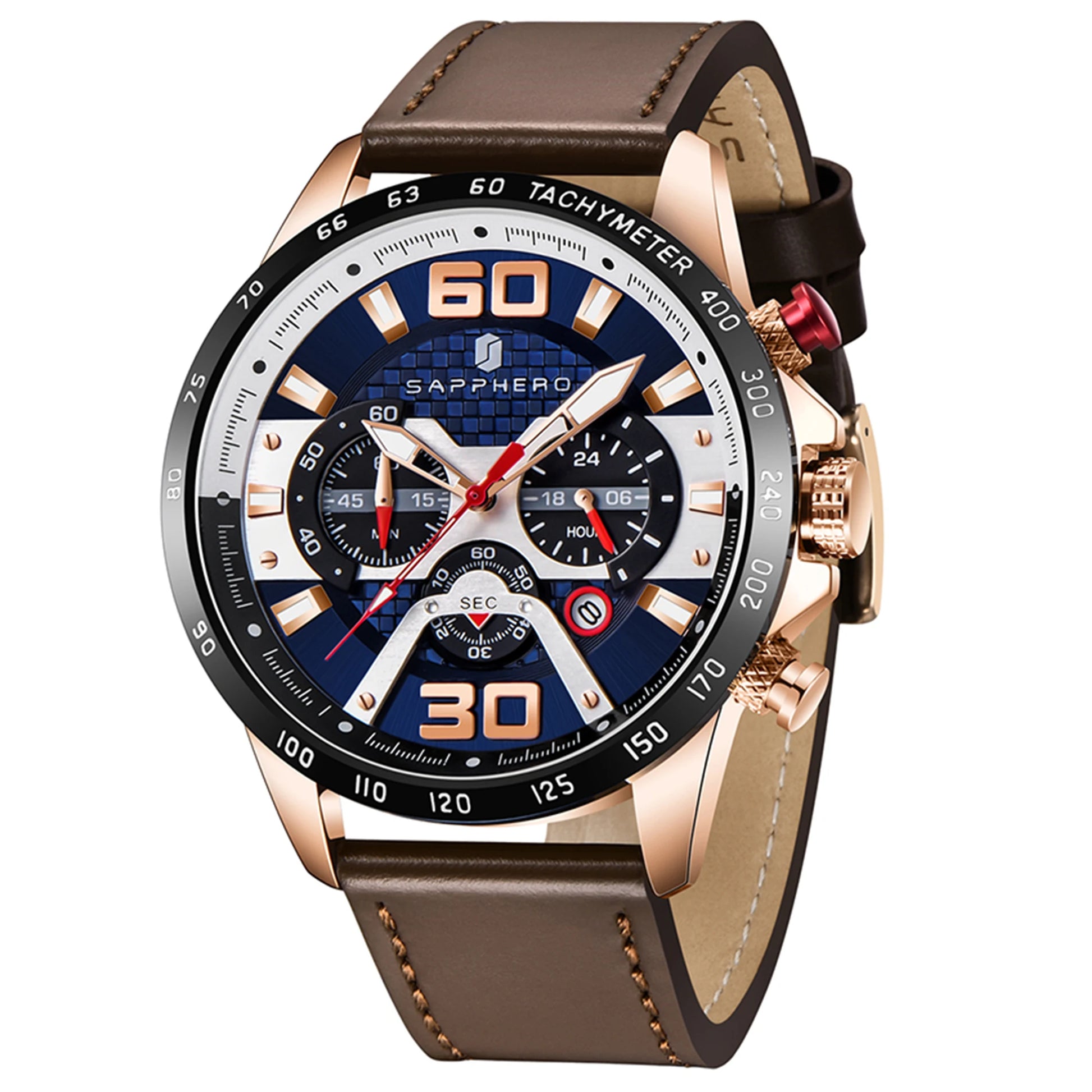 SAPPHERO Sports Men's Watch Rose Gold Watch Leather Strap Date Luminous Waterproof Chronograph Quartz Watch Men's Accessories