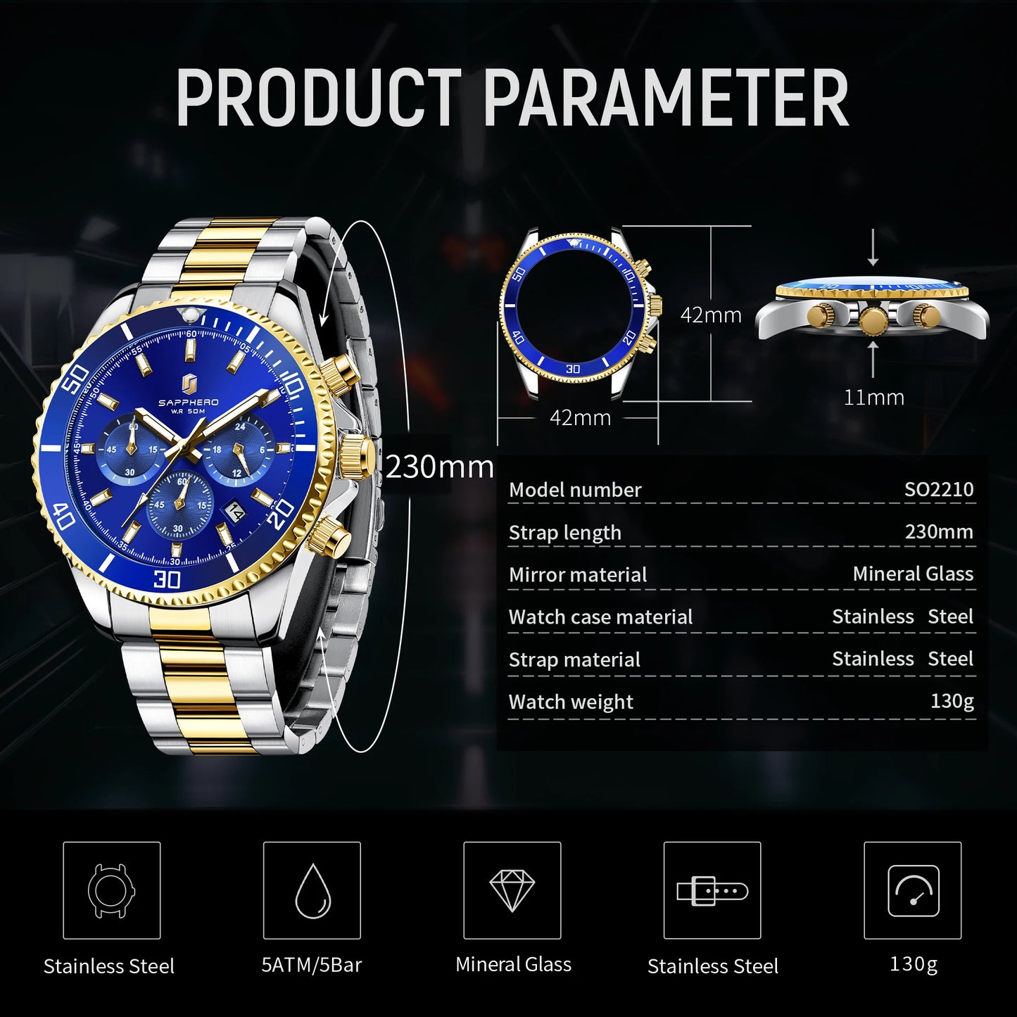 SAPPHERO Mens Watch Gold Stainless Steel Calendar Chronograph For Men Stainless Steel Wristwatches Dial
