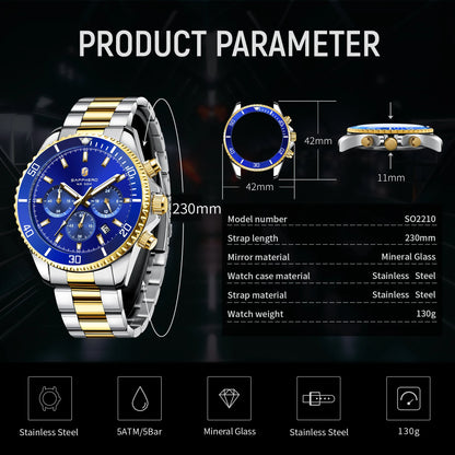 SAPPHERO Mens Watch Gold Stainless Steel Calendar Chronograph For Men Stainless Steel Wristwatches Dial