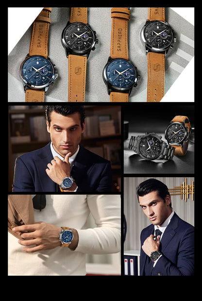 SAPPHERO Men's Business Watches Leather Strap Sports Casual Quartz Men's Watch Classic Waterproof Timepiece 5ATM Wrist Watch
