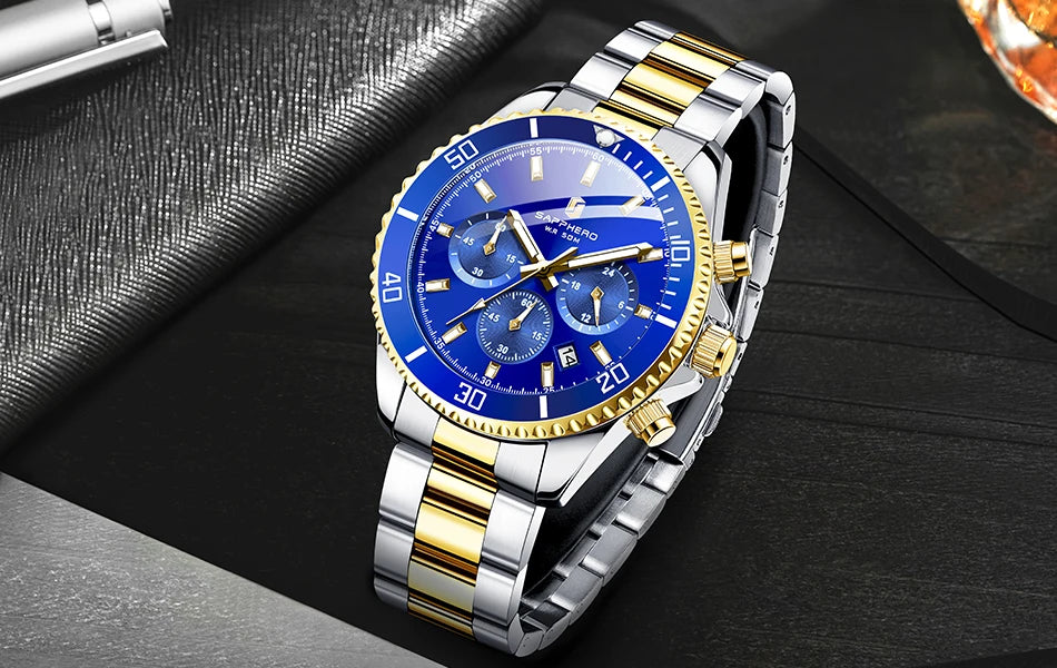SAPPHERO Mens Watch Gold Stainless Steel Calendar Chronograph For Men Stainless Steel Wristwatches Dial