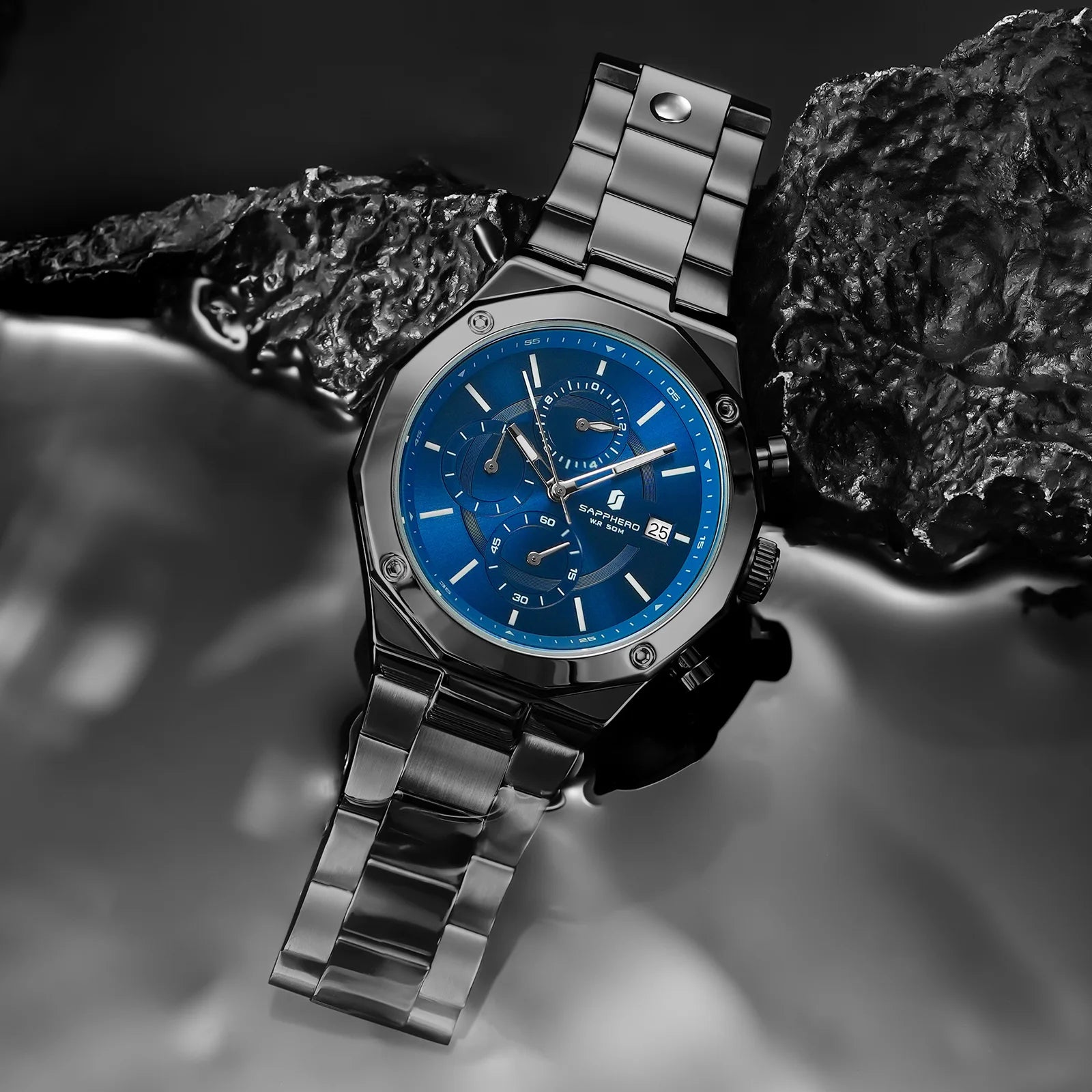 SAPPHERO Rose Gold Men Watch Fashion Luxury Clock Stainless Steel Watch 50m Water Resistance Watch For Men New Year Gifts