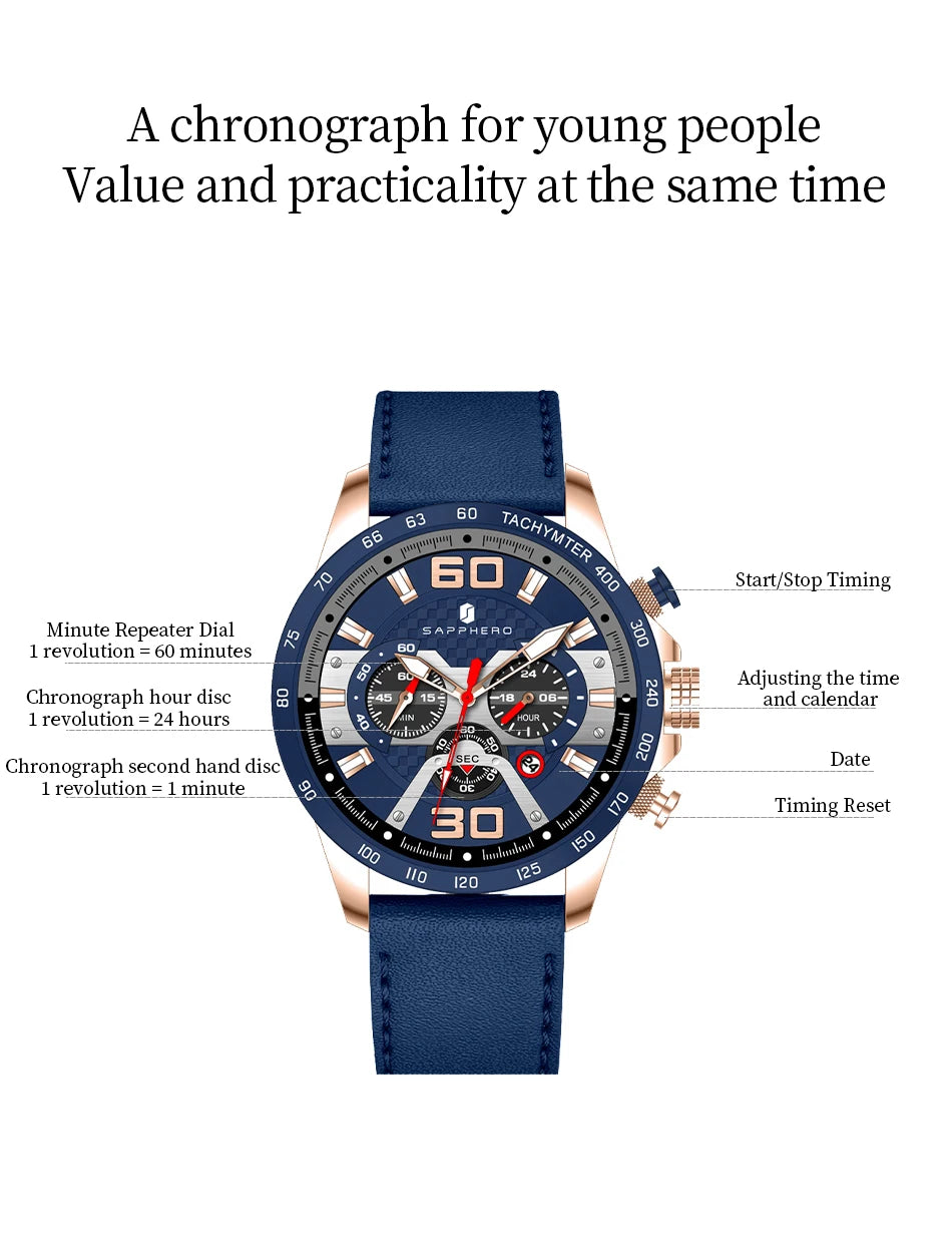 SAPPHERO Sports Men's Watch Rose Gold Watch Leather Strap Date Luminous Waterproof Chronograph Quartz Watch Men's Accessories