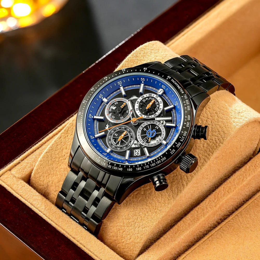 SAPPHERO Fashion Men Watch Mechanical Style Quartz Watch 50M Waterproof Clock Date Chronograph Watch  Gift Watch For Men