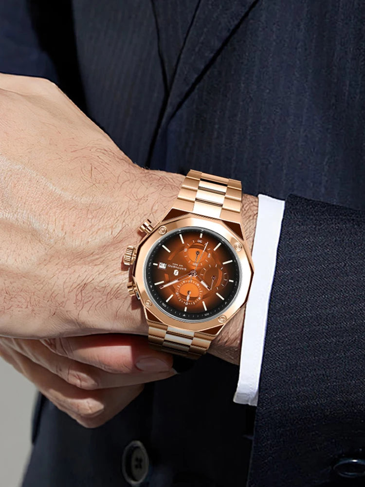 SAPPHERO Rose Gold Men Watch Fashion Luxury Clock Stainless Steel Watch 50m Water Resistance Watch For Men New Year Gifts