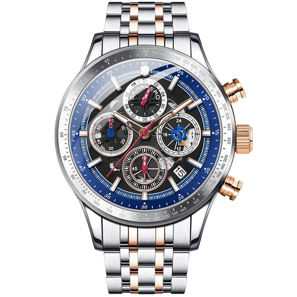 SAPPHERO Fashion Men Watch Mechanical Style Quartz Watch 50M Waterproof Clock Date Chronograph Watch  Gift Watch For Men