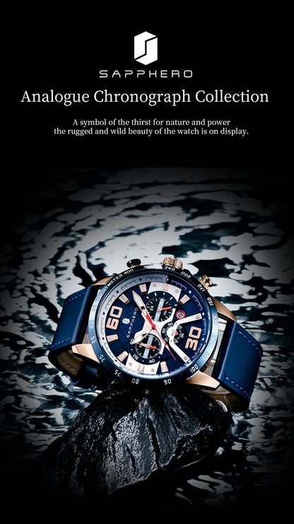 SAPPHERO Sports Men's Watch Rose Gold Watch Leather Strap Date Luminous Waterproof Chronograph Quartz Watch Men's Accessories