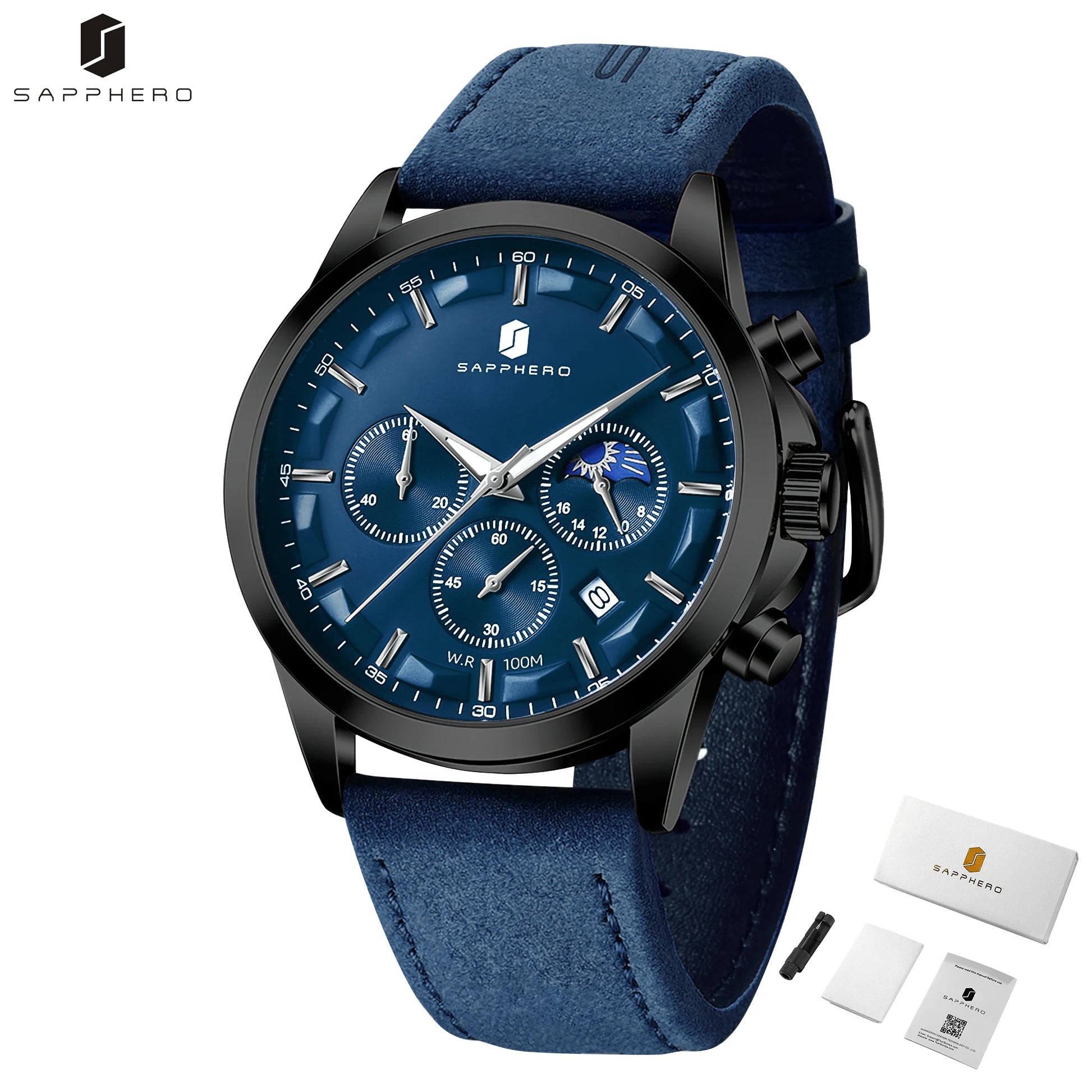 SAPPHERO Men's Business Watches Leather Strap Sports Casual Quartz Men's Watch Classic Waterproof Timepiece 5ATM Wrist Watch
