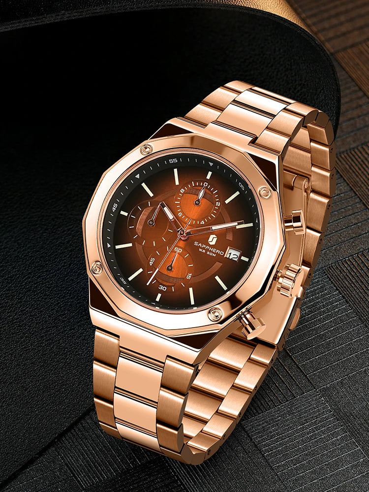 SAPPHERO Rose Gold Men Watch Fashion Luxury Clock Stainless Steel Watch 50m Water Resistance Watch For Men New Year Gifts
