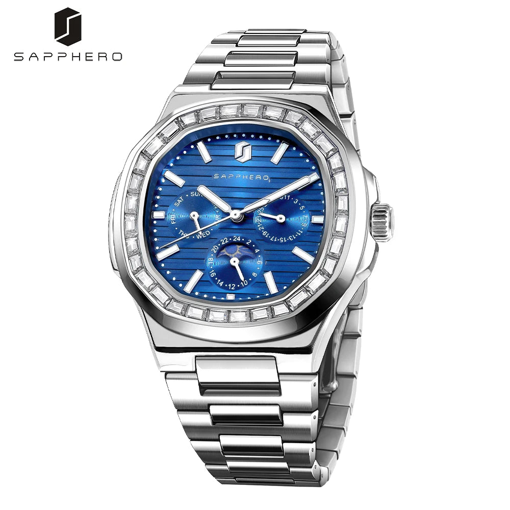 SAPPHERO Luxury Mens Quartz Watch Waterproof Watch Luminous Multifunctional Dial Clock Stainless Steel Strap Fashion Watch