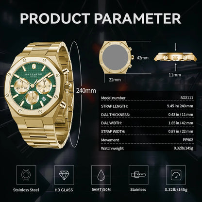 SAPPHERO Tough Men's Watch Business Style Stainless Steel Watch Waterproof Design Date Display Accurate Timer Excellent Gifts