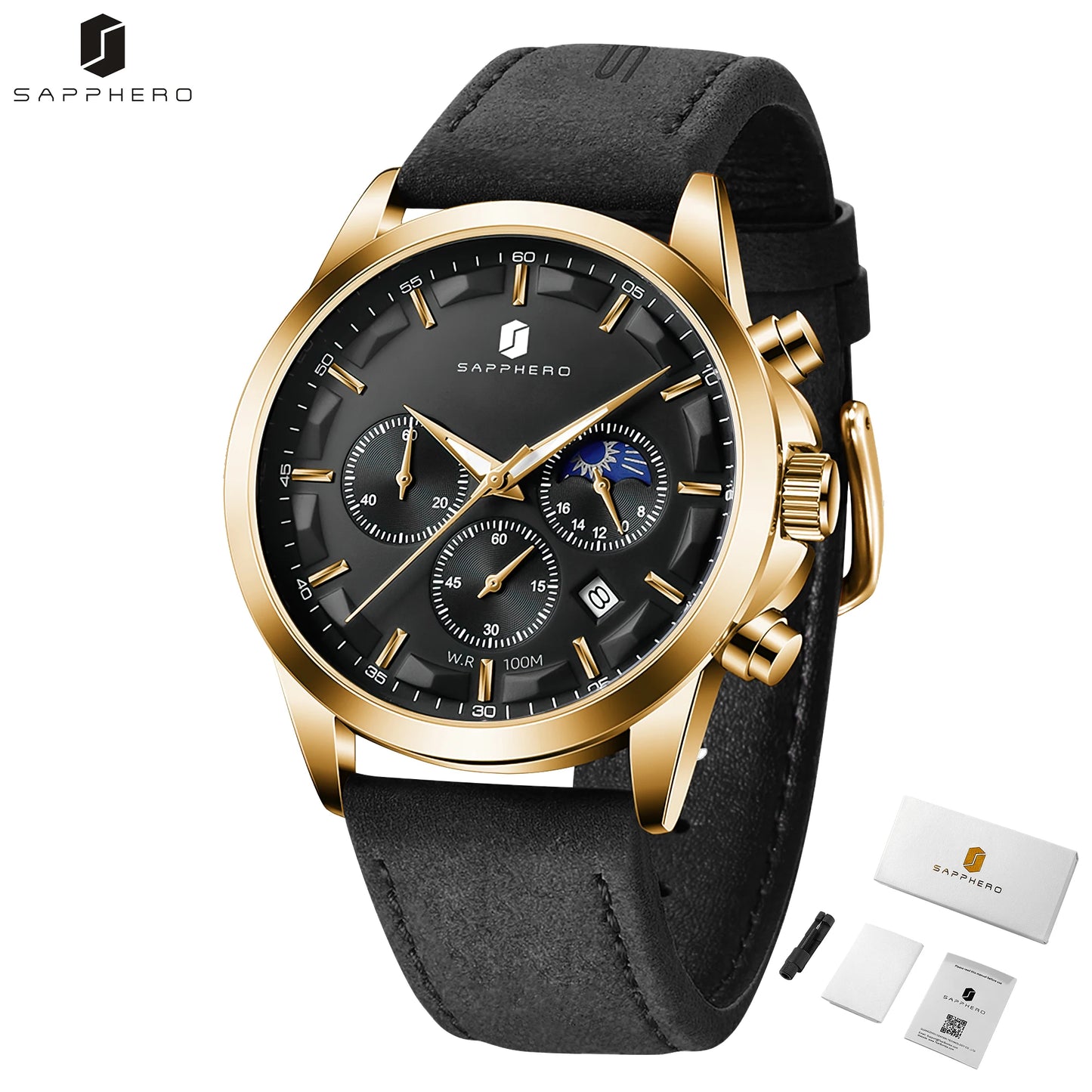 SAPPHERO Men's Business Watches Leather Strap Sports Casual Quartz Men's Watch Classic Waterproof Timepiece 5ATM Wrist Watch