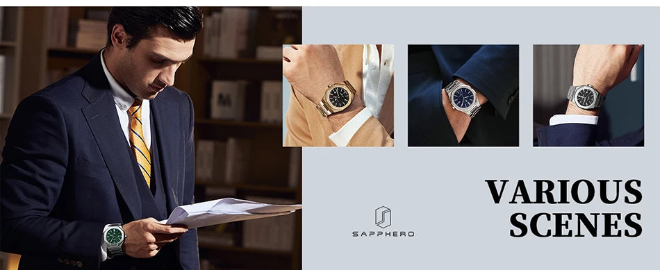 SAPPHERO Men Watch Luxury Quartz Clock 50M Waterproof Imported Movement Stainless Steel Watch Men's Gift Wristwatch