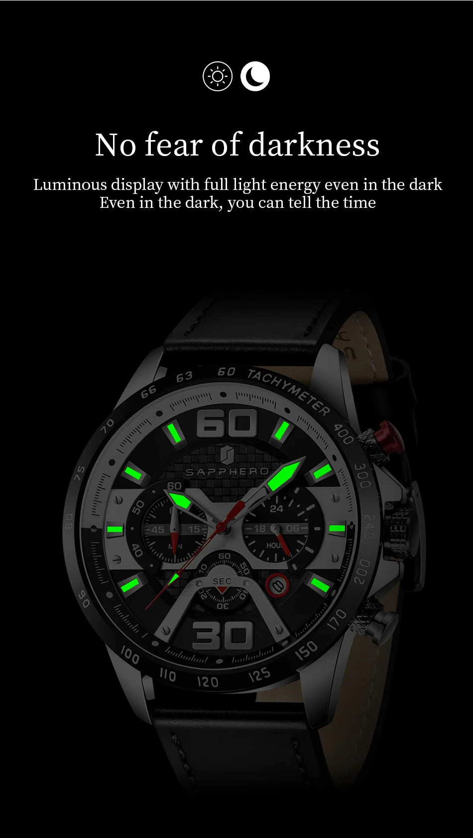 SAPPHERO Sports Men's Watch Rose Gold Watch Leather Strap Date Luminous Waterproof Chronograph Quartz Watch Men's Accessories