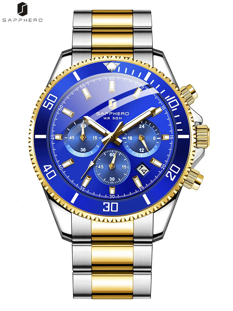 SAPPHERO Mens Watch Gold Stainless Steel Calendar Chronograph For Men Stainless Steel Wristwatches Dial