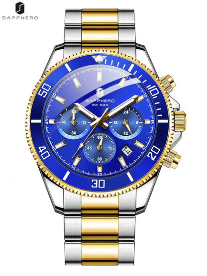 SAPPHERO Mens Watch Gold Stainless Steel Calendar Chronograph For Men Stainless Steel Wristwatches Dial