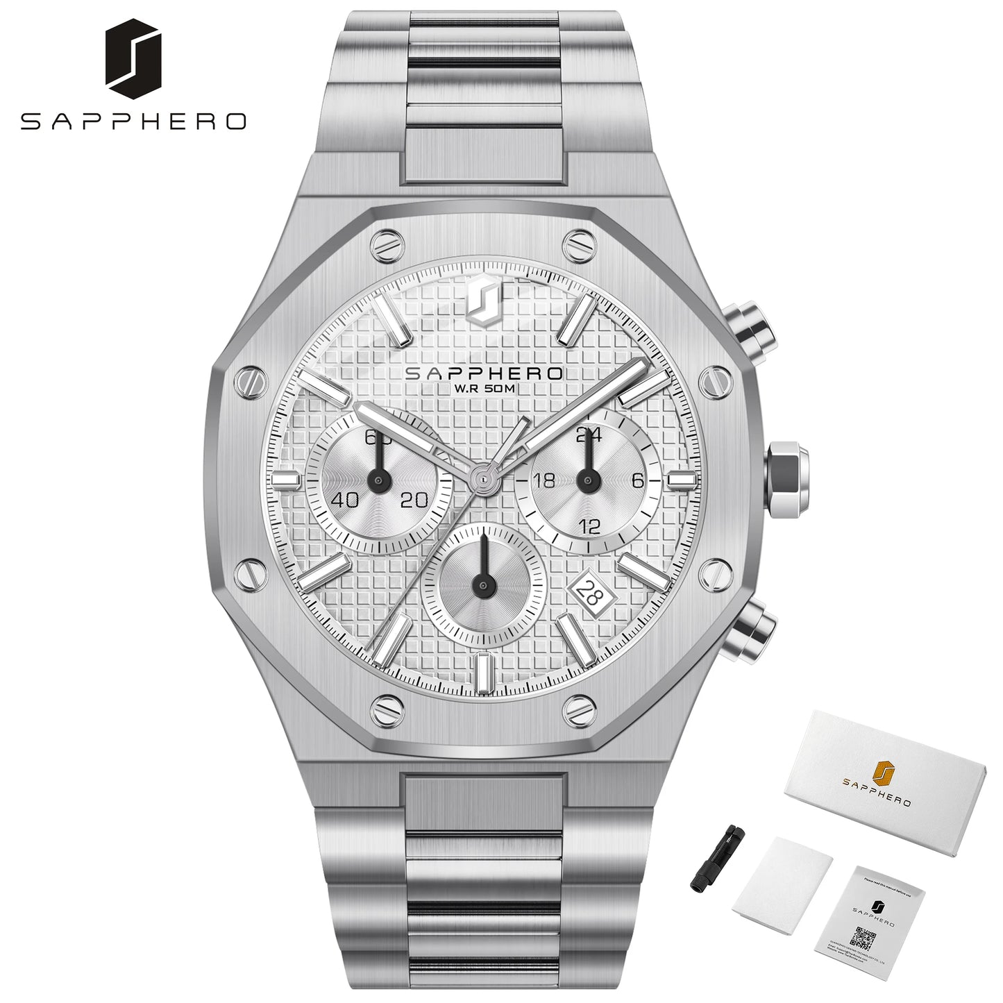 SAPPHERO Tough Men's Watch Business Style Stainless Steel Watch Waterproof Design Date Display Accurate Timer Excellent Gifts