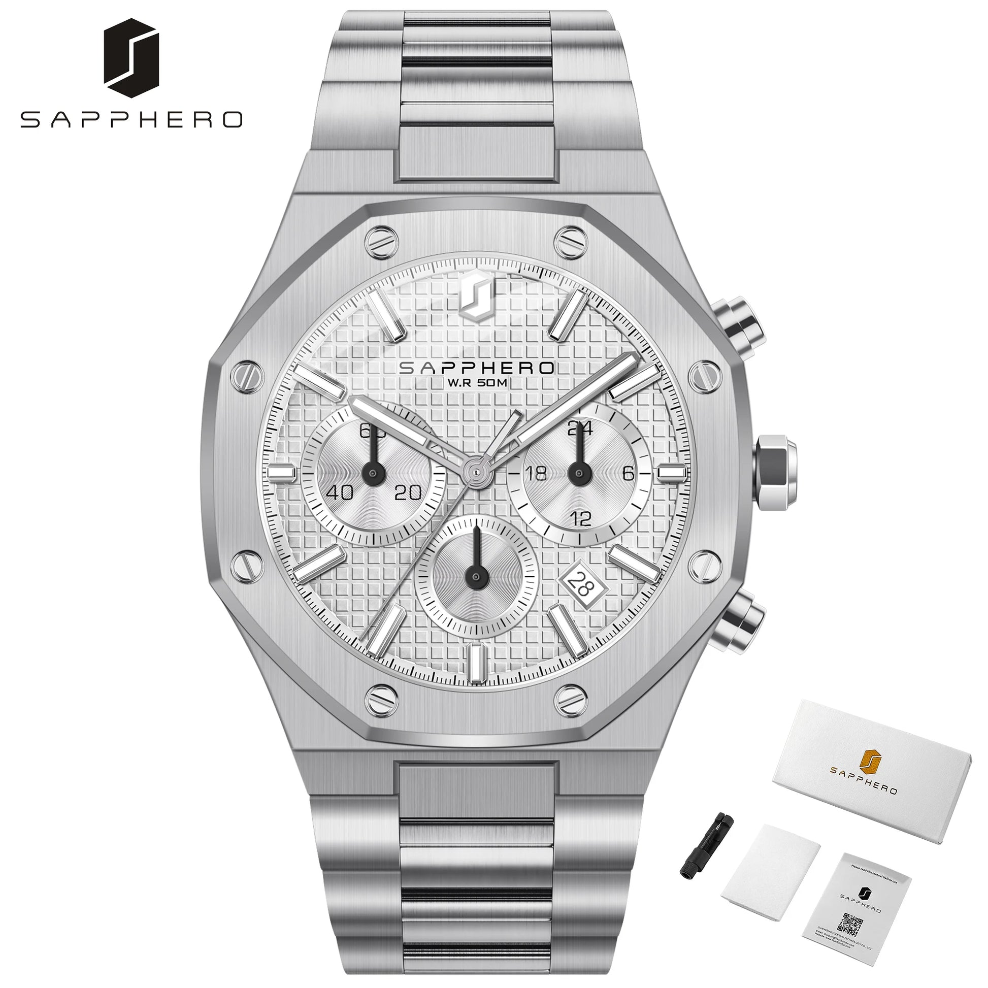 SAPPHERO Tough Men's Watch Business Style Stainless Steel Watch Waterproof Design Date Display Accurate Timer Excellent Gifts