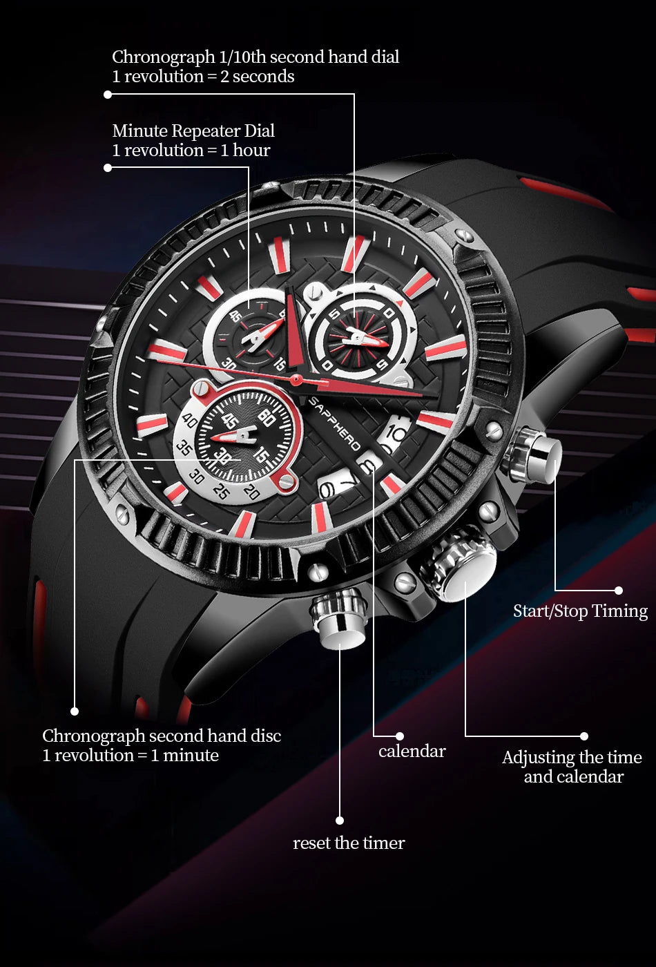 SAPPHERO Men's Quartz Watch Waterproof Sports Watch Silicone Strap Military Watch Luxury Brand Gift Clock Accurate Timepiece