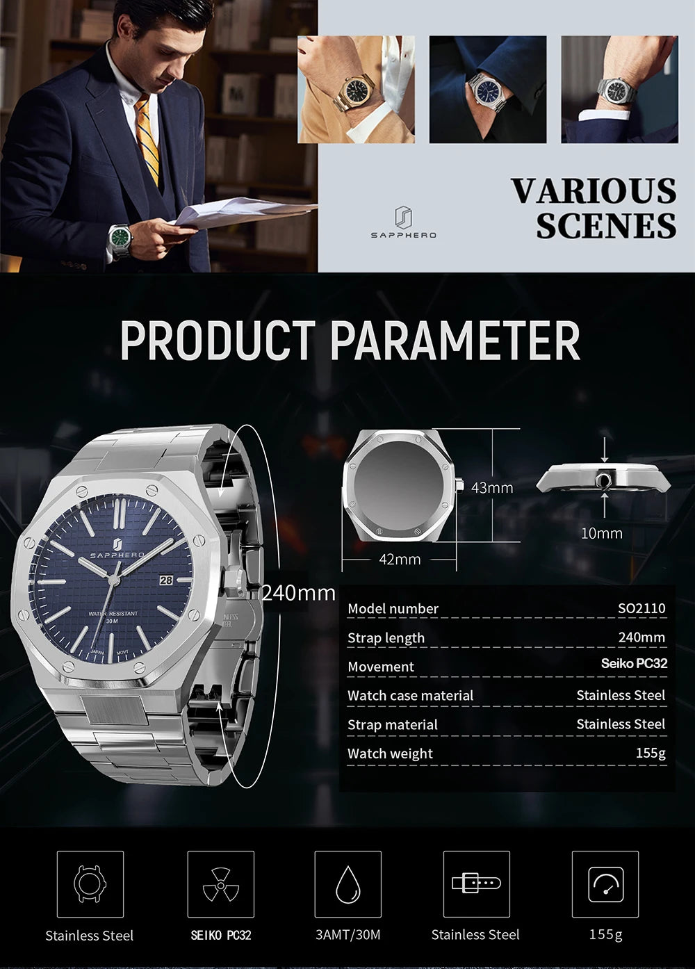 SAPPHERO Men's Business Stainless Steel Watch For Men Seiko Movement Classic Design Charming Men's Gift Waterproof Wrist Watch