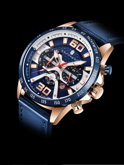 SAPPHERO Sports Men's Watch Rose Gold Watch Leather Strap Date Luminous Waterproof Chronograph Quartz Watch Men's Accessories