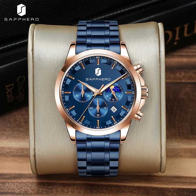SAPPHERO Men's Business Watches Stainless Steel Strap Date Display & Chronograph Function Waterproof Men's Watch Rose Gold Watch