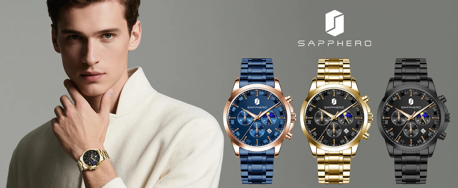 SAPPHERO Men's Business Watches Stainless Steel Strap Date Display & Chronograph Function Waterproof Men's Watch Rose Gold Watch