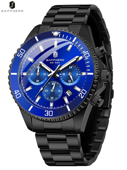 SAPPHERO Mens Watch Gold Stainless Steel Calendar Chronograph For Men Stainless Steel Wristwatches Dial