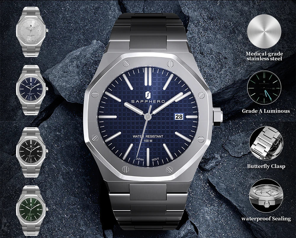 SAPPHERO Men's Business Stainless Steel Watch For Men Seiko Movement Classic Design Charming Men's Gift Waterproof Wrist Watch