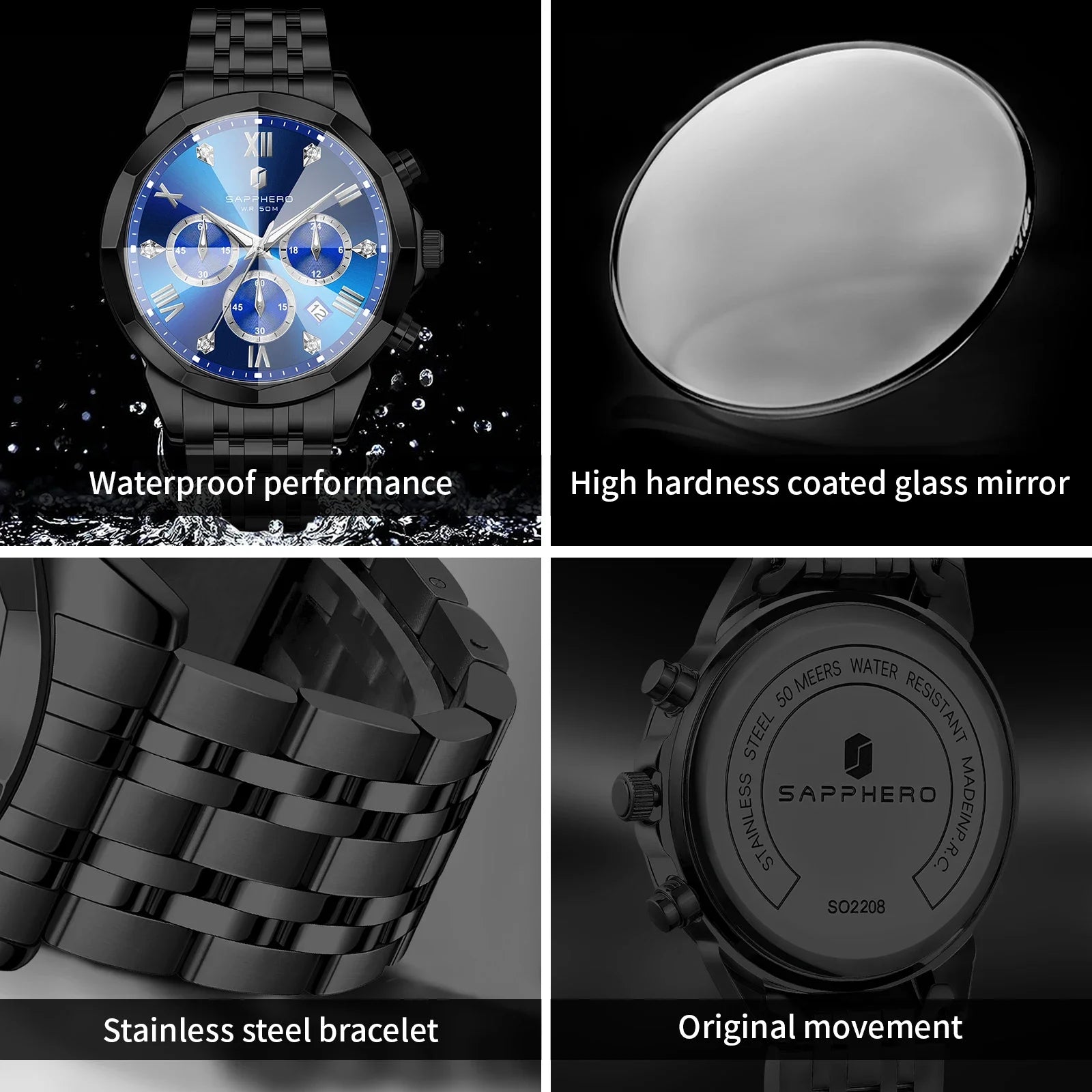 SAPPHERO Business Men's Watch Stainless Steel Watch 5 ATM Luminous Watch Date Display Tough Men's Gift Watch For Men