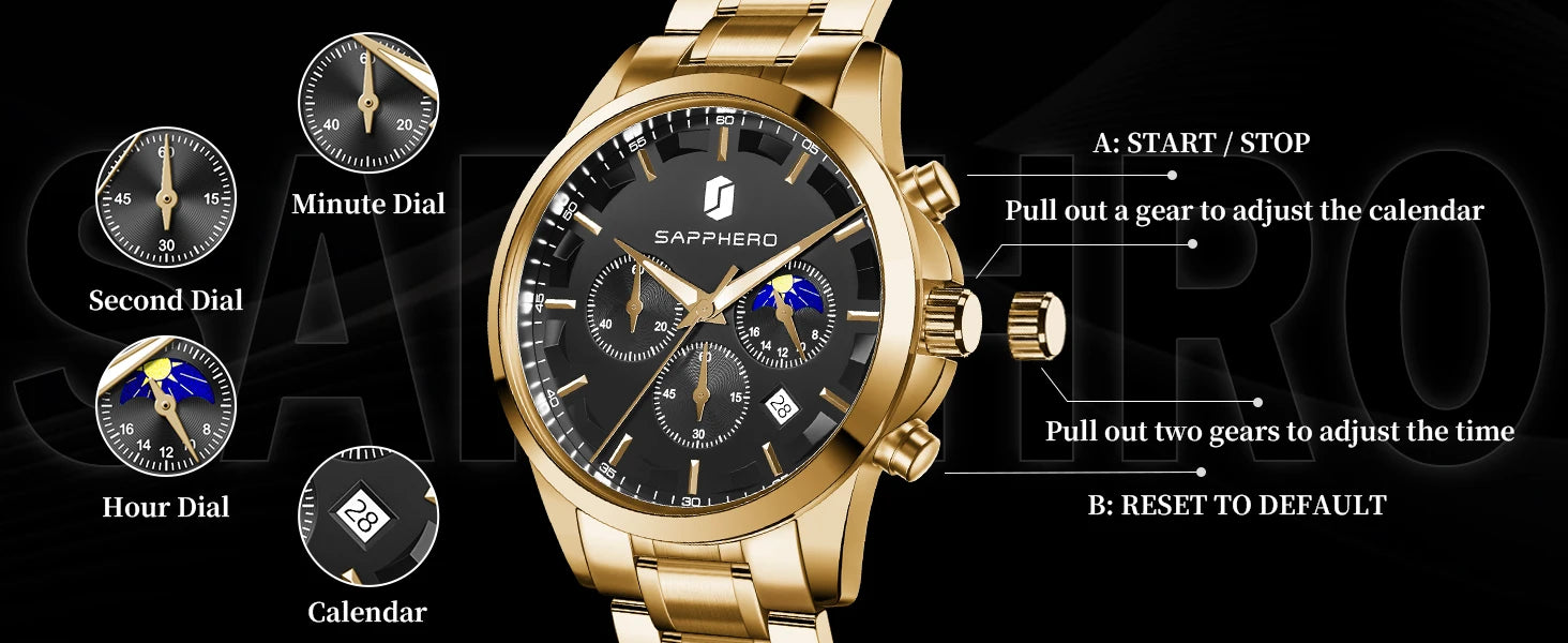 SAPPHERO Men's Business Watches Stainless Steel Strap Date Display & Chronograph Function Waterproof Men's Watch Rose Gold Watch