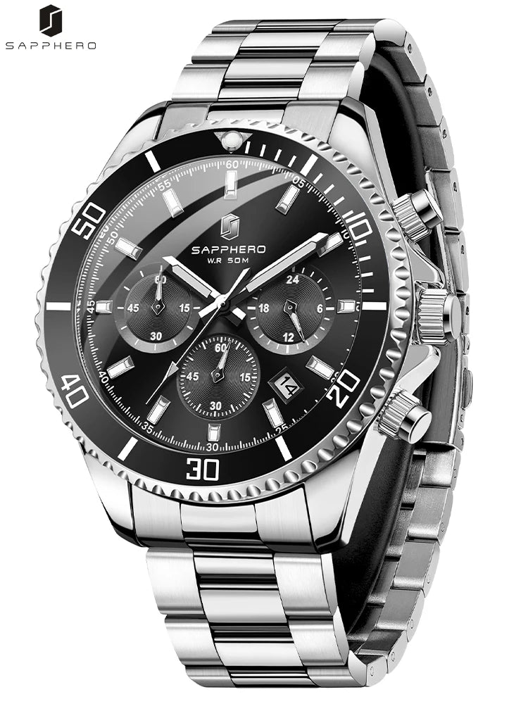 SAPPHERO Mens Watch Gold Stainless Steel Calendar Chronograph For Men Stainless Steel Wristwatches Dial