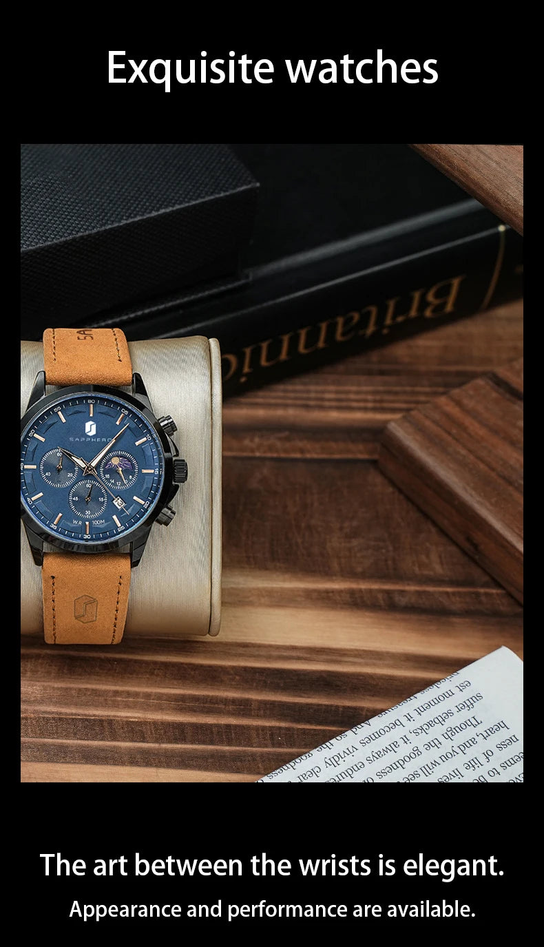 SAPPHERO Men's Business Watches Leather Strap Sports Casual Quartz Men's Watch Classic Waterproof Timepiece 5ATM Wrist Watch