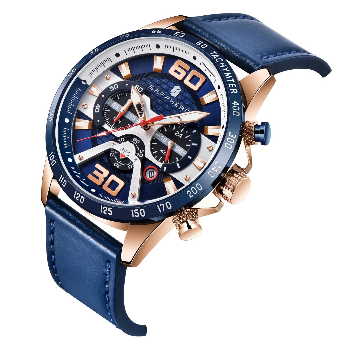 SAPPHERO Sports Men's Watch Rose Gold Watch Leather Strap Date Luminous Waterproof Chronograph Quartz Watch Men's Accessories