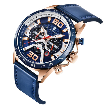 SAPPHERO Sports Men's Watch Rose Gold Watch Leather Strap Date Luminous Waterproof Chronograph Quartz Watch Men's Accessories